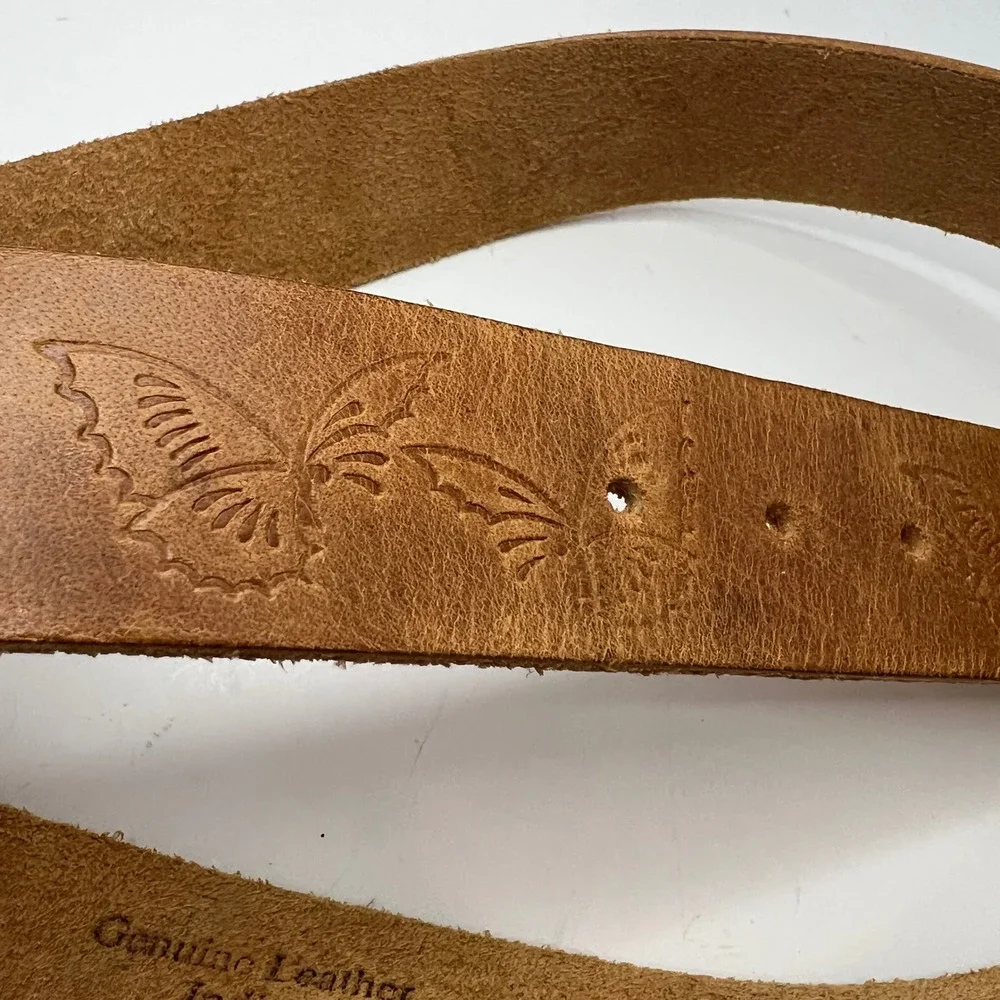 Tan Genuine Leather Butterfly Embossed Belt Solid Brass Buckle‎ Medium Large